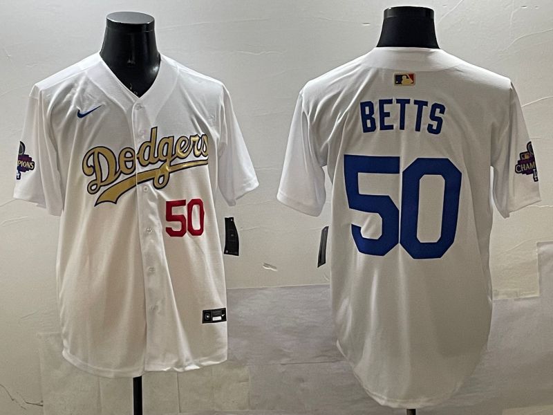 Men Los Angeles Dodgers #50 Betts White Champion gold character 2025 Nike MLB Jersey style 3316->los angeles dodgers->MLB Jersey